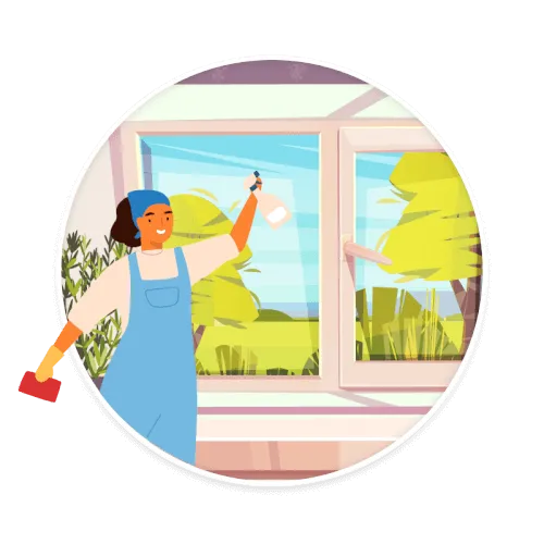 Illustration einer Frau beim Anstreichen eines Fensters im Kontext der Fenster- und Rahmenreinigung